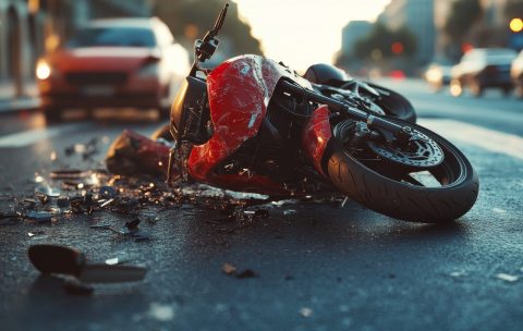 A red motorcycle is laying on the road with a car behind it